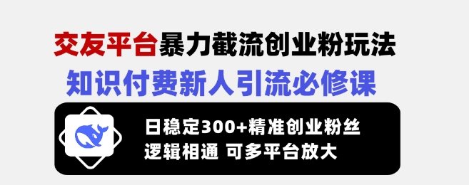 交友平台暴力截流创业粉玩法，知识付费新人引流必修课，日稳定300+精准创业粉丝，逻辑相通可多平台放大-悟空云赚AI