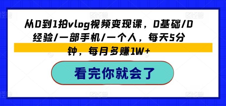 从0到1拍vlog视频变现课，0基础/0经验/一部手机/一个人，每天5分钟，每月多赚1W+-悟空云赚AI