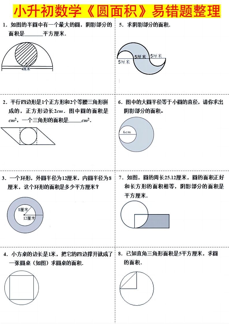小升初数学（圆面积）易错题整理-悟空云赚AI