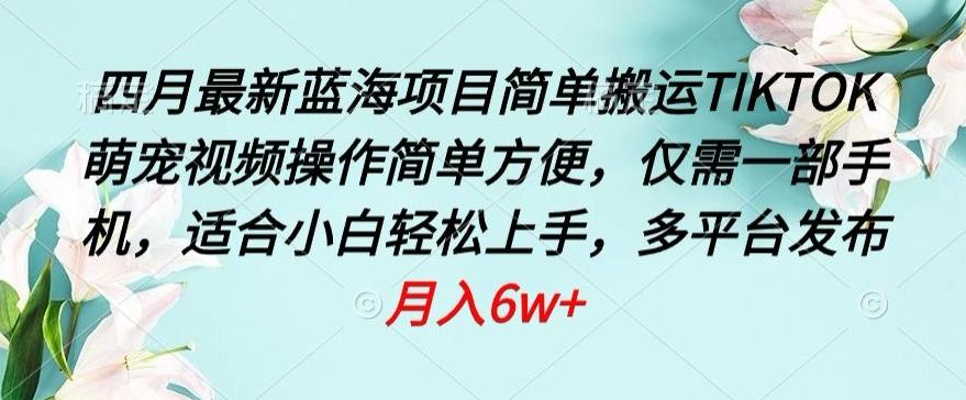 四月最新蓝海项目，简单搬运TIKTOK萌宠视频，操作简单方便，仅需一部手机【揭秘】-悟空云赚AI
