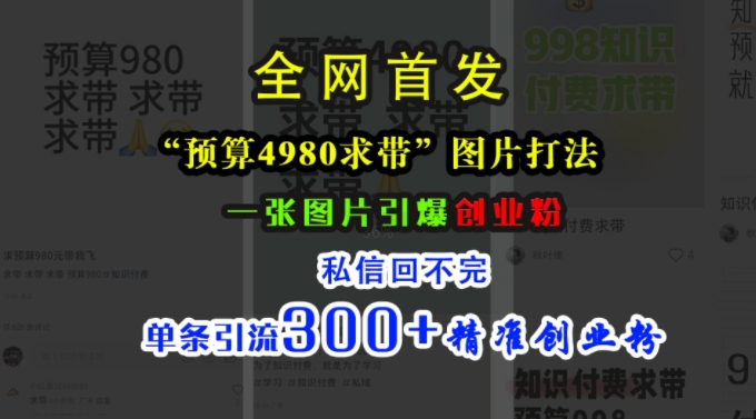 小红书“预算4980带我飞”图片打法，一张图片引爆创业粉，私信回不完，单条引流300+精准创业粉-悟空云赚AI