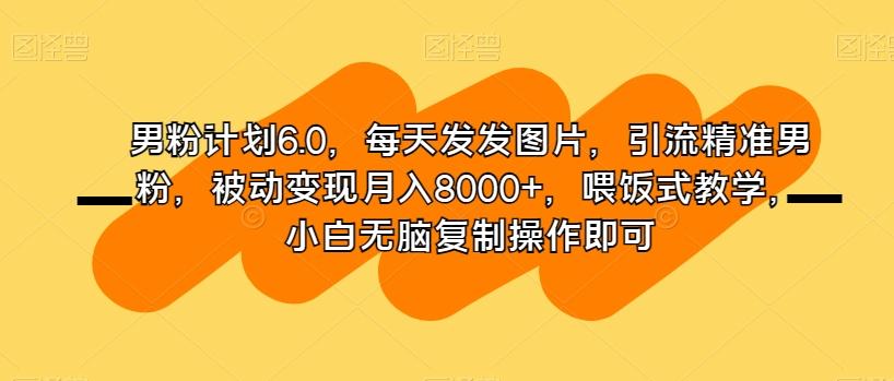 男粉计划6.0，每天发发图片，引流精准男粉，被动变现月入8000+，喂饭式教学，小白无脑复制操作即可-悟空云赚AI